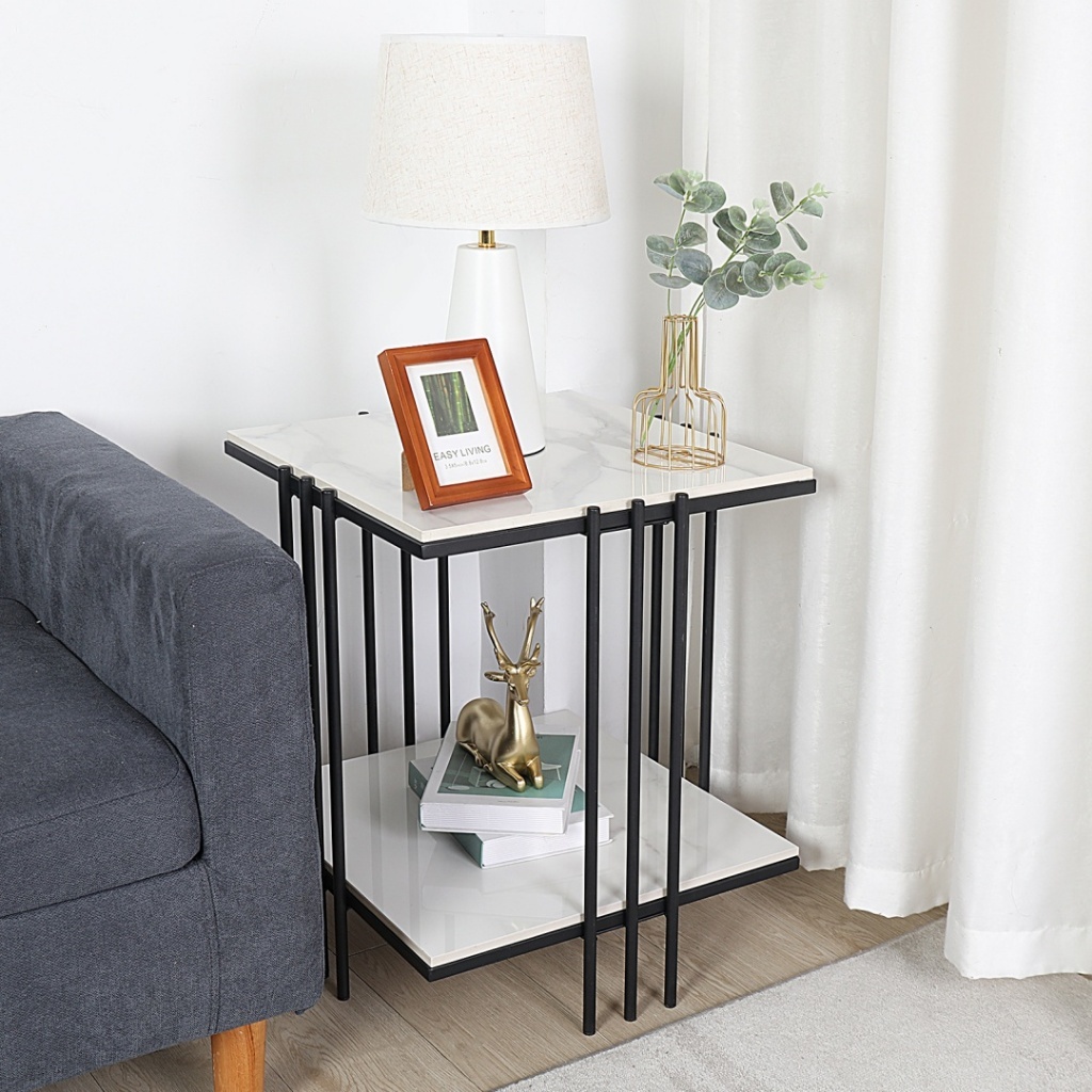 WISFOR โต๊ะกาแฟหินอ่อนที่มีกรอบสีดำ Marble Coffee Table Side End Table