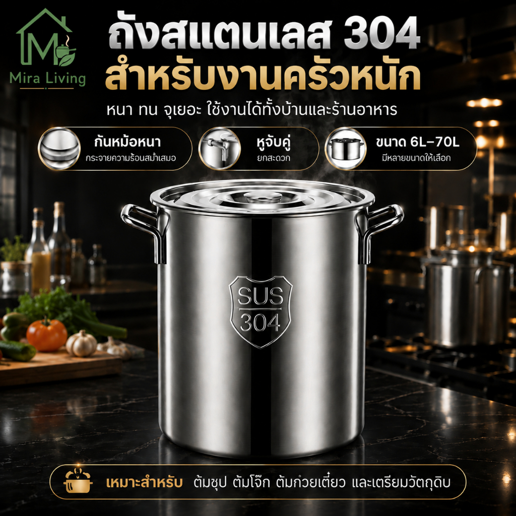 หม้อสแตนเลส SUS304 ขนาดใหญ่ หม้อซุป หม้อต้มก๋วยเตี๋ยว ทรงสูง ก้นหนาพิเศษ พร้อมฝา ใช้ได้หลายเตา 6L-70L