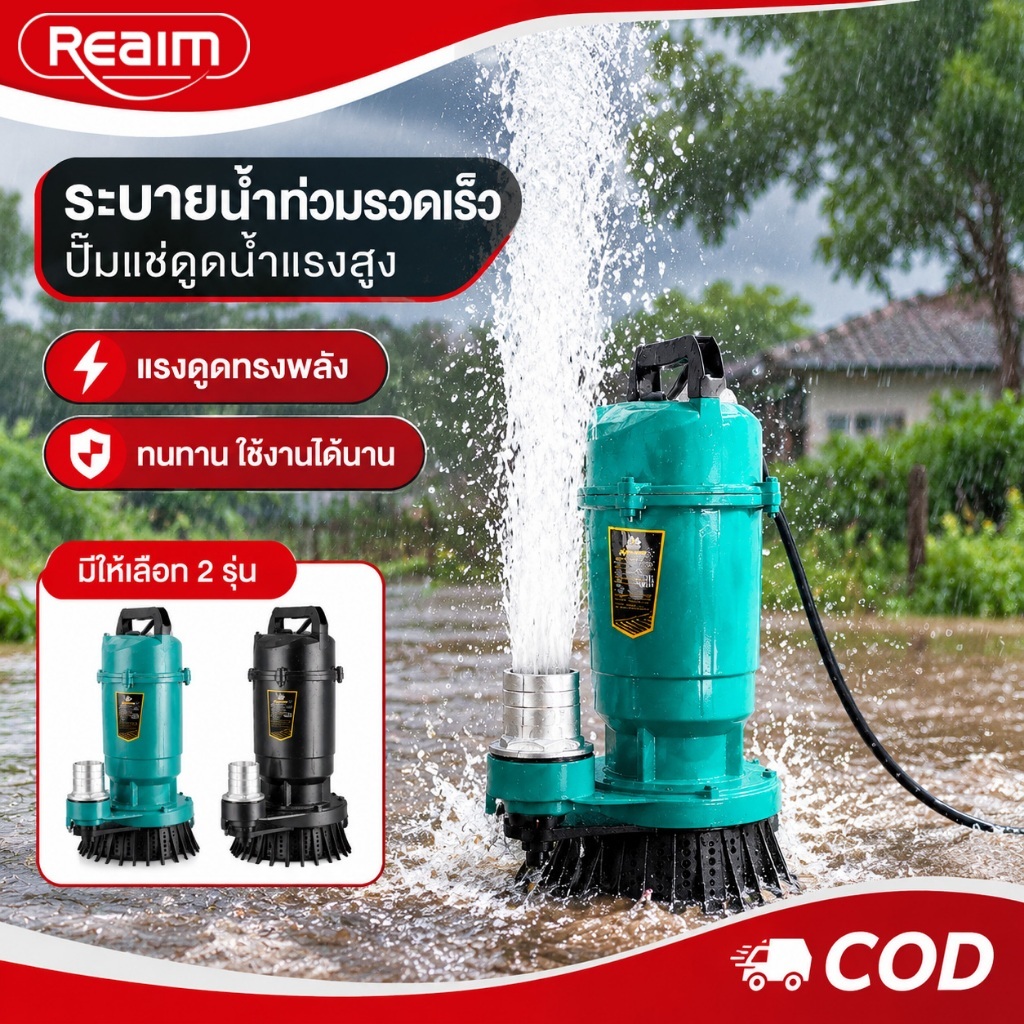 REAIM ปั๊มจุ่ม 2 นิ้ว 1200W ปั๊มจุ่ม สายไฟ 6 เมตร ปั้มแช่ดูดโคลน มอเตอร์ทองแดงแท้ 100%
