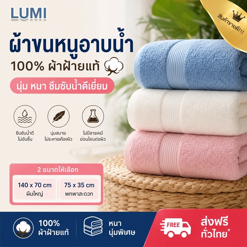 LUMI ผ้าเช็ดตัว ผ้าเช็ดตัวขนเป็ด Cotton100% ผ้าขนหนู ขนาดใหญ่พิเศษ ซับน้ำดีขนไม่หลุด พร้อมส่ง