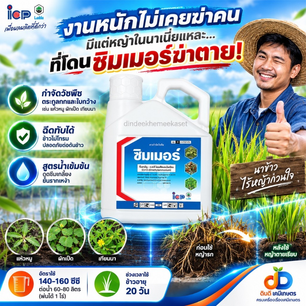ซิมเมอร์ 2,4-ดี ไดเมทิลแอมโมเนียม 84% SL ไอซีพี ขนาด 4 ลิตร กำจัดวัชพืชใบกว้าง กก ผือ ในนาข้าว ไร่อ้อย ไร่ข้าวโพด