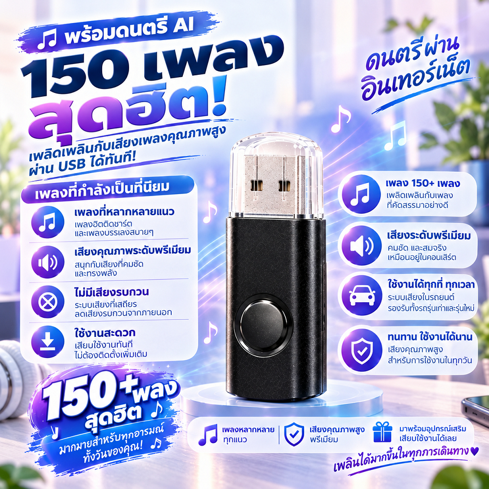 USB เพลง AI 150 เพลง สำหรับรถยนต์และเครื่องเสียง เสียบใช้งานง่าย ฟังเพลินทุกวัน