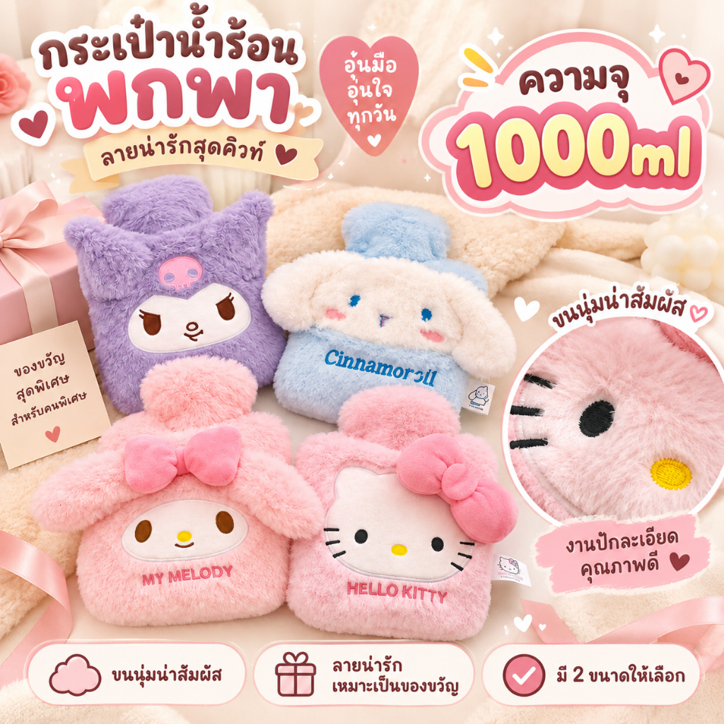 ถุงน้ำร้อน Sanrio มีที่สอดมือ กระเป๋าน้ำร้อนลายการ์ตูน ประคบ ประจำเดือน น่ารักกระเป๋าน้ำร้อน เหมาะสำหรับเด็กผู้หญิง