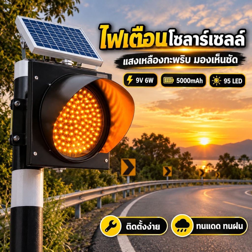 โคมไฟเตือนโซลาร์เซลล์ 95 LED 9V 6W กันน้ำ IP65 แบตเตอรี่ 5000mAh สำหรับถนน โรงงาน ลานจอดรถ