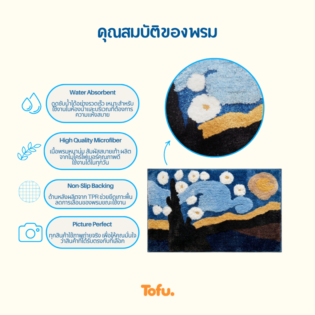 Tofu. พรมเช็ดเท้า The Food Collection ขนาด 45 x 70cm / 45 x 65cm ซักได้ แห้งไว มีกันลื่น รูปที่ 3