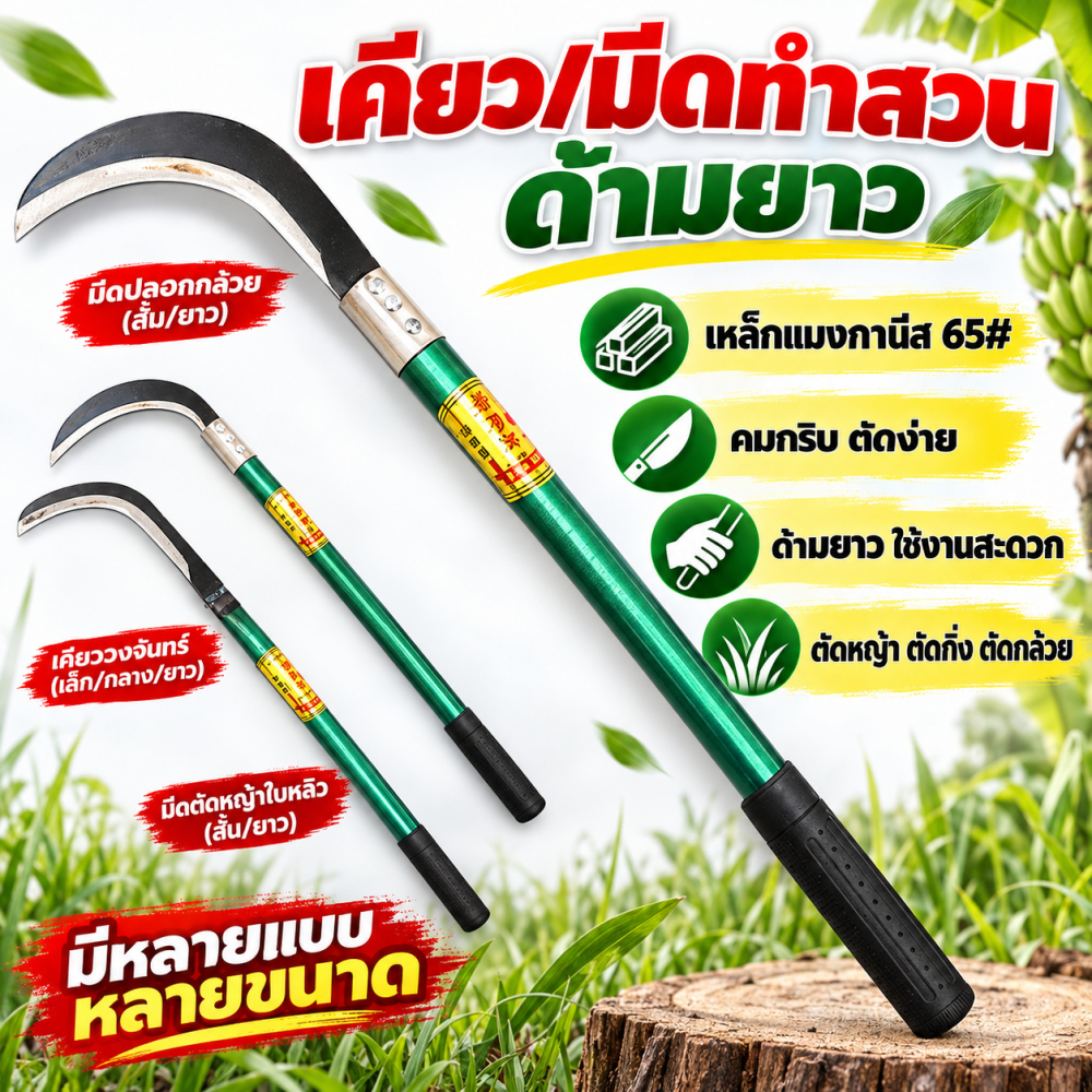 เคียวเหล็กแมงกานีส 65# 25/40/60CM เคียวเกี่ยวหญ้า เกี่ยวข้าว มีดถางหญ้า มีดตัดกล้วย ตัดกิ่งไม้ ด้ามยาว คมกริบ