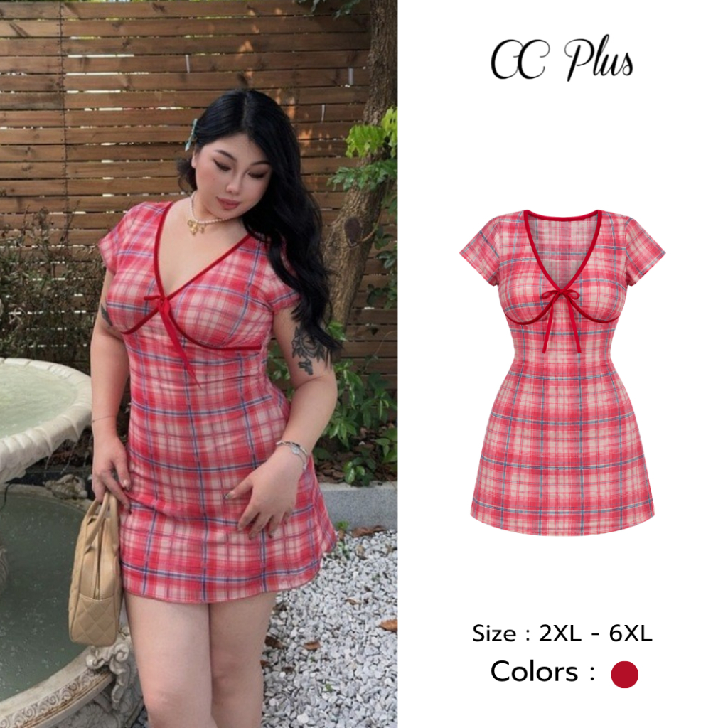 CiCi Plus (3308-1) มินิเดรสแขนสั้น ลายสก็อต ผ้าตาข่าย มีซับใน