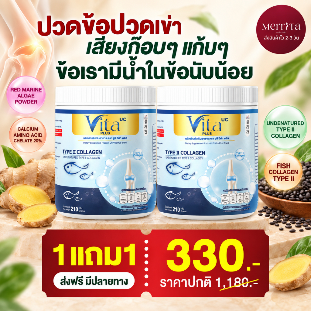 ส่งพรุ่งนี้ > VITA คอลลาเจน สูตรเข้มข้น หยุดปวดกระดูก ป้องกันสูญเสียคอลลาเจน Merrita ของแท้100% นครร