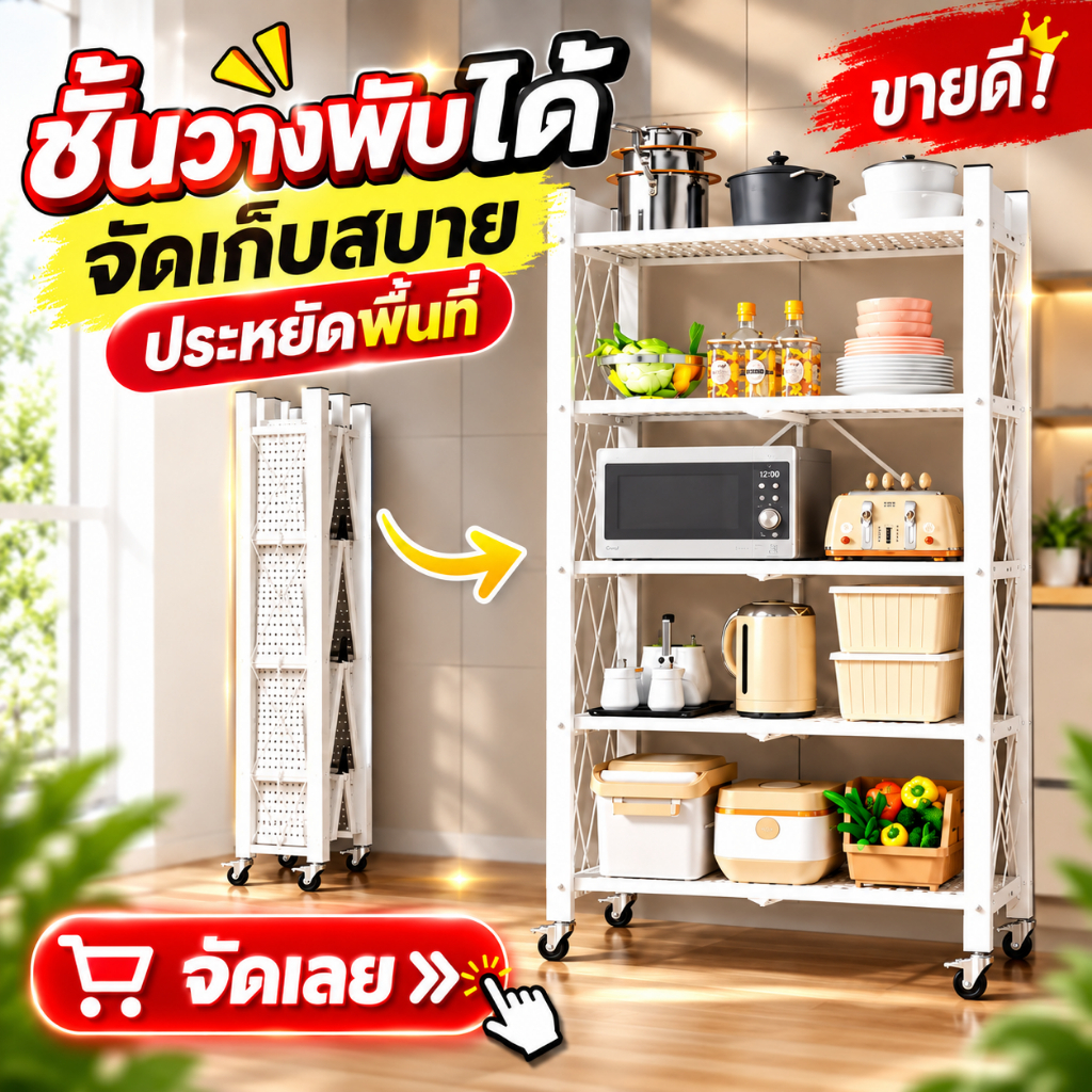 ชั้นวางของพับได้ 4 ชั้น ชั้นวางอเนกประสงค์ มีล้อเลื่อน 360° ชั้นวางของในครัว ประหยัดพื้นที่ ไม่ต้องติดตั้ง