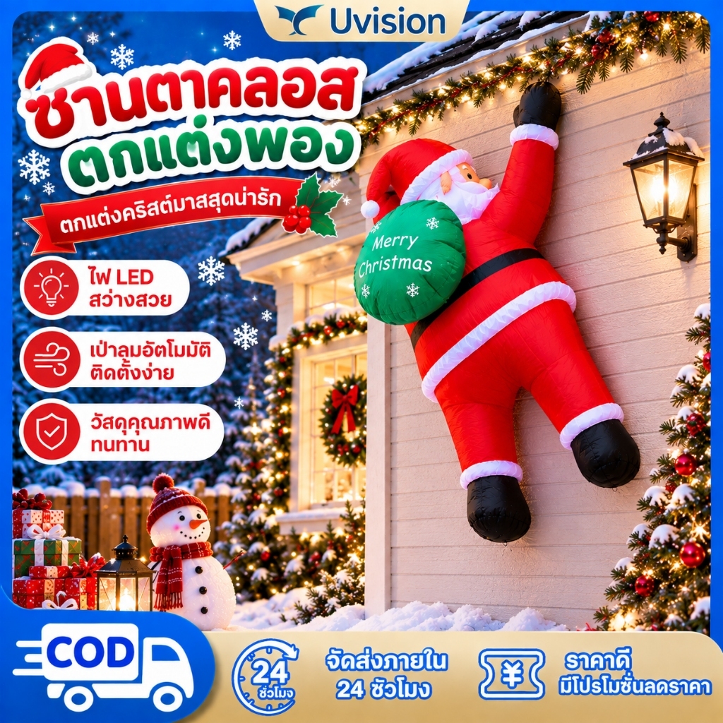 ซานตาคลอสเป่าลม Christmas พร้อมไฟ LED ของตกแต่งคริสต์มาส สำหรับสวนและบ้าน
