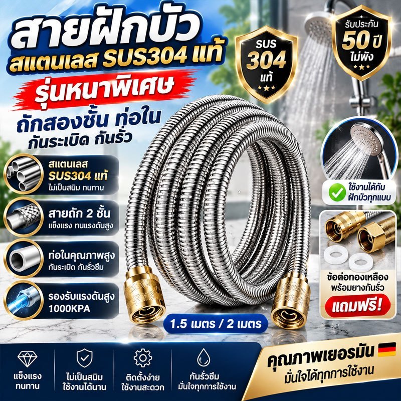 สายฝักบัว สแตนเลสSUS304 แท้ 1.5/2เมตร รุ่นหนาพิเศษ สายฝักบัวอาบน้ำ สายถัก 2 ชั้น สายฝักบัวแรงดันสูง แข็งแรงทนทาน สายชำระ