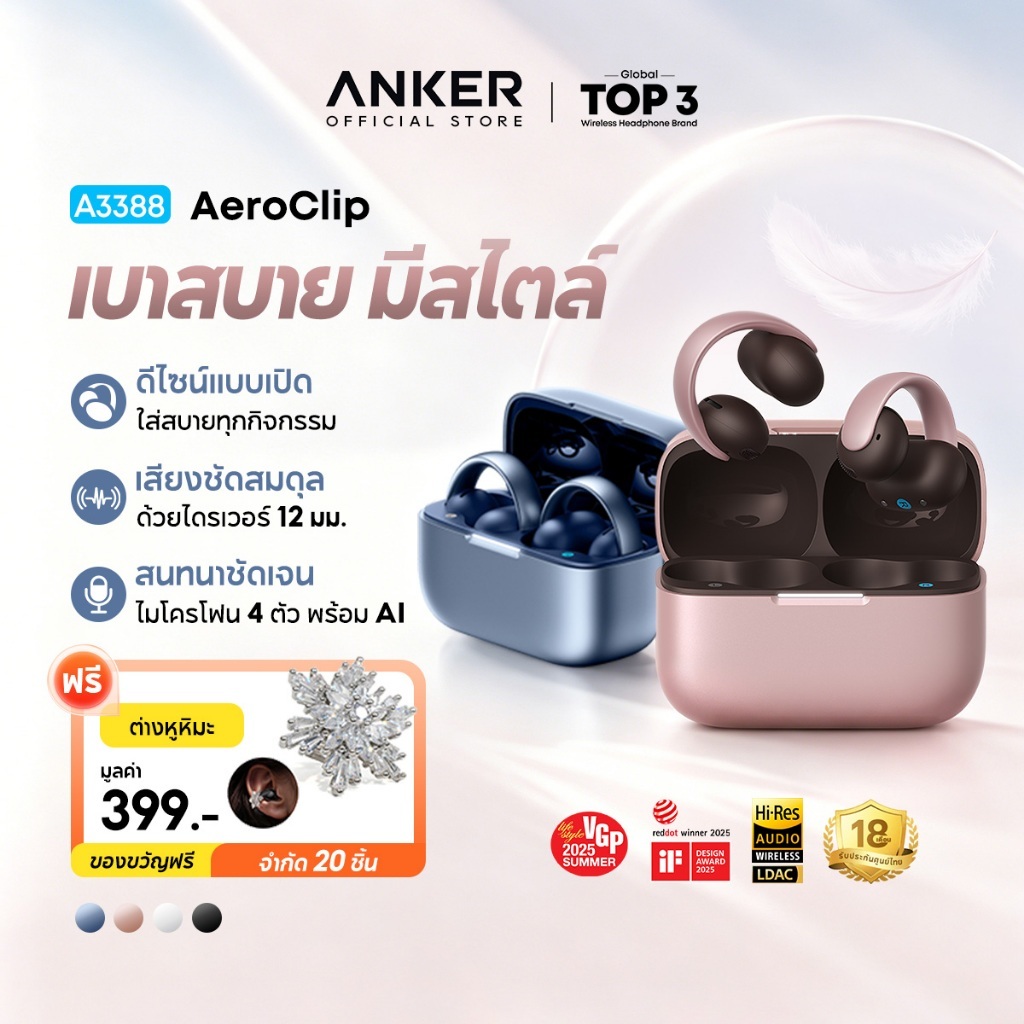 ANKER Soundcore AeroClip หูฟังบลูทูธ Open-Ear Clip-On พร้อมระบบเสียง Hi-Res หูฟังไร้สาย AI Call A3388 รูปที่ 1