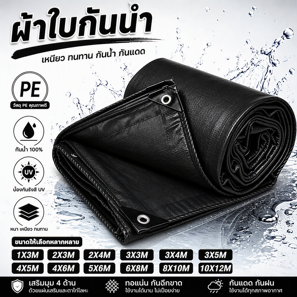 ผ้าใบ PE กันแดดกันฝน มีตาไก่ กันน้ำ 100% สีดำ ผ้าใบคลุมรถ ผ้าใบอเนกประสงค์ ผ้าเต็นท์ ขนาด 2x3 3x5 4x6 5x6 6x8 เมตร