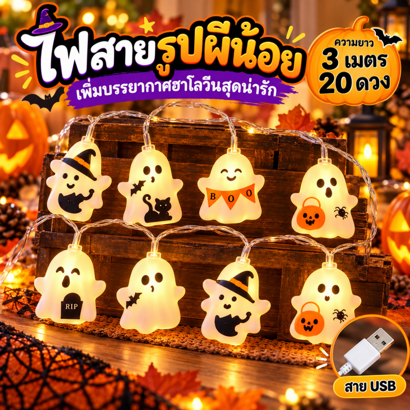 พร้อมส่ง🔥ไฟฮาโลวีน LED สายไฟประดับ USB มี 3 แบบ สำหรับตกแต่งห้อง บ้าน ปาร์ตี้ halloween ของตกแต่ง