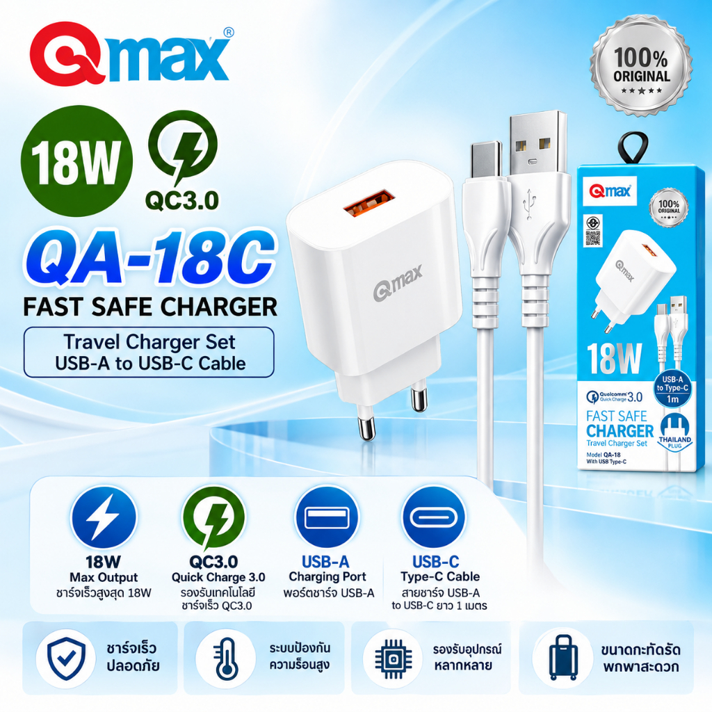 Q.MAX หัวชาร์จพร้อมสาย รุ่น QA-18 Fast Charge 18W รองรับ QC 3.0 มี มอก. ปลอดภัย (มีให้เลือก 3 หัว)