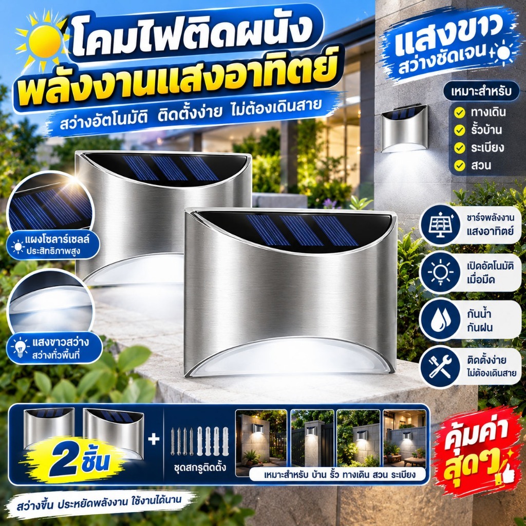 โคมไฟติดผนัง ไฟโซล่าเซลล์ ไฟผนังLED กันน้ำIP65 แสงขาวเย็น อัตโนมัติ สำหรับกำแพงบ้าน สวนข้างบ้าน เก็บเงินปลายทาง