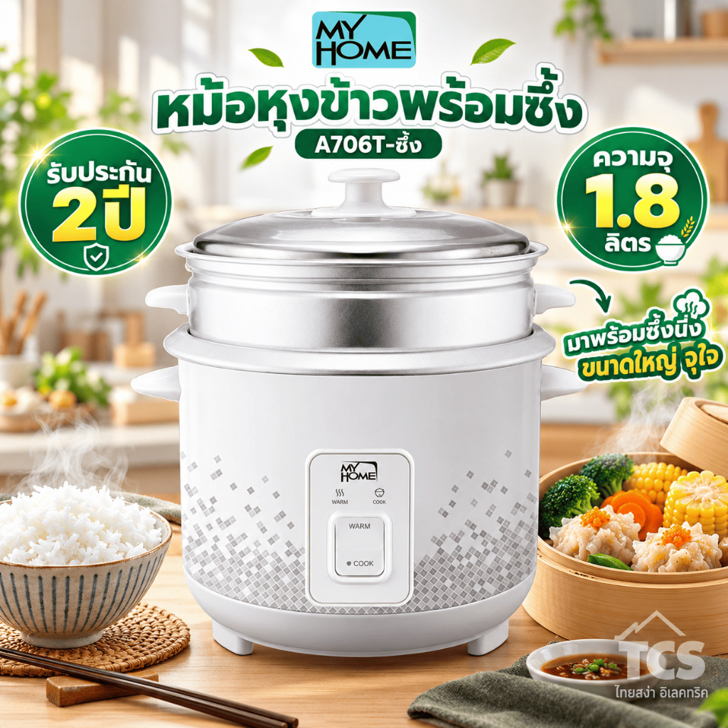 My Home หม้อหุงข้าวมีซึ้ง 1.8 ลิตร รุ่น A706T กำลังไฟ 600W หม้อหุงข้าวไฟฟ้า พร้อมซึ้งนึ่งอาหาร รับประกัน 2 ปี