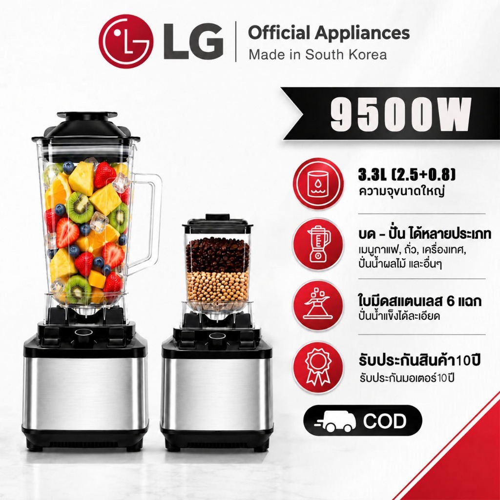 【รับประกัน 10 ปี】เครื่องปั่นน้ำผลไม้ 9500W เครื่องปั่นสมูทตี้ 3.3L 304ตัวเดรื่องสแตนเลส 6 ใบมีด น้ำแข็งบด3วินาที
