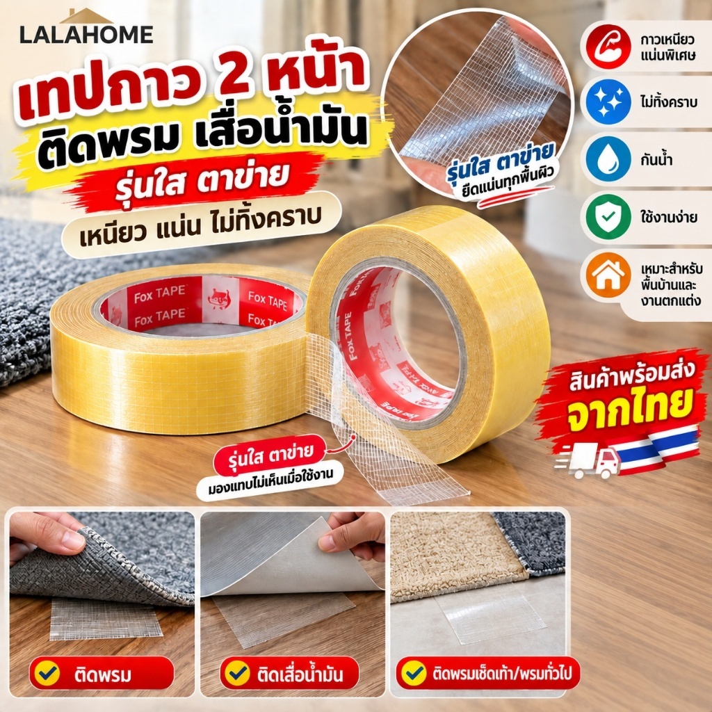 เทปกาว2 หน้าติดพรม เสื่อน้ำมัน รุ่นใส ตาข่าย  เหนียว ไม่ทิ้งคราบ สินค้าพร้อมส่ง
