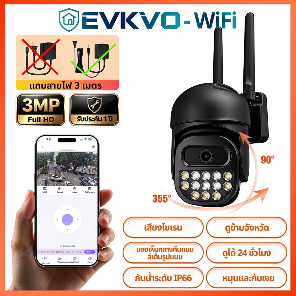 EVKVO กล้องวงจรปิดไร้สาย WiFi 3MP หมุน 360ภาพสีกลางคืน ซูม 5X พูดโต้ตอบได้ แจ้งเตือนมือถือ กันน้ำ แถมสายไฟ 3M กล้องติดบ้
