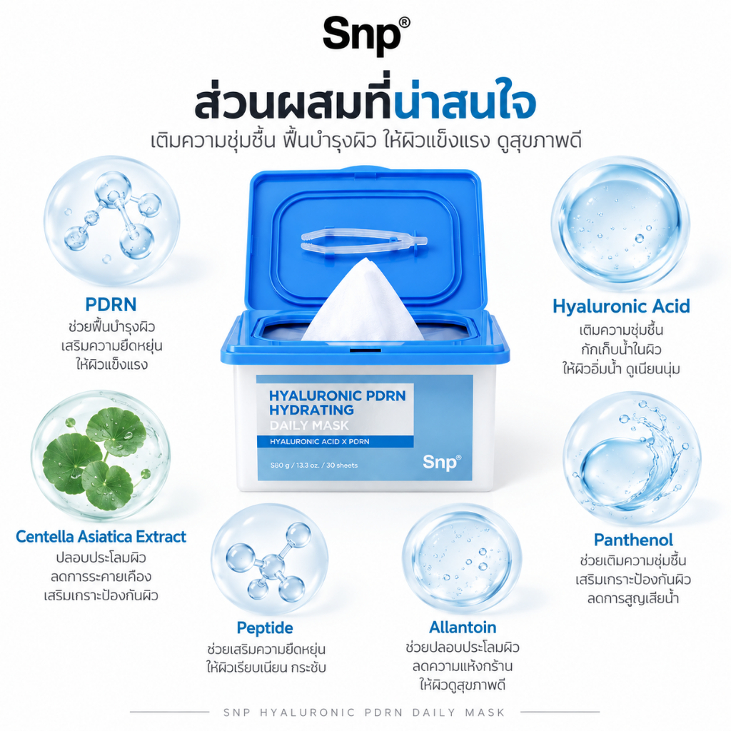 [มาส์กเพิ่มความชุ่มชื้น] SNP Hyaluronic PDRN Hydrating Daily Mask 30 Sheets — صورة 2
