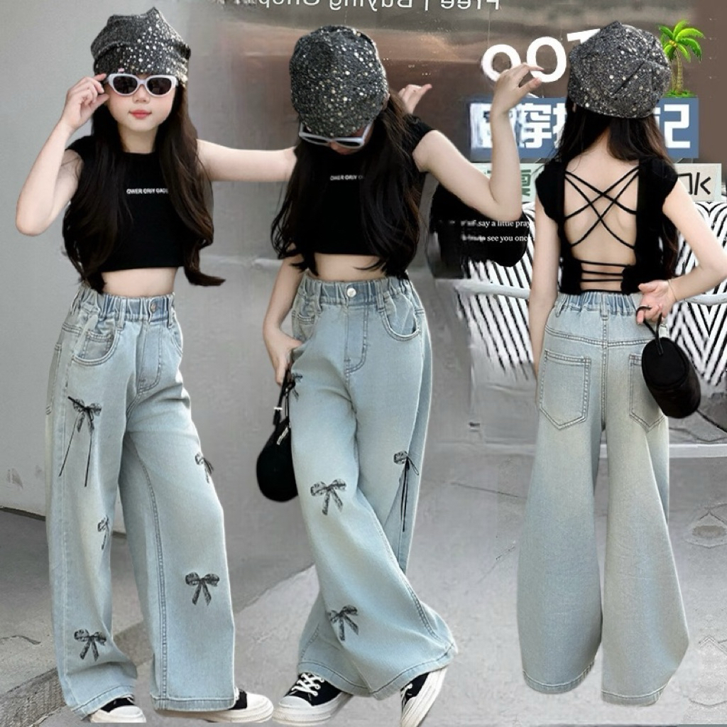 ชุดสูทแขนกุดเด็กผู้หญิงแฟชั่นฤดูร้อนเสื้อกั๊กด้านหลังที่สวยงาม+โบว์กางเกงยีนส์ชุดสองชิ้น 5-14 ปี
