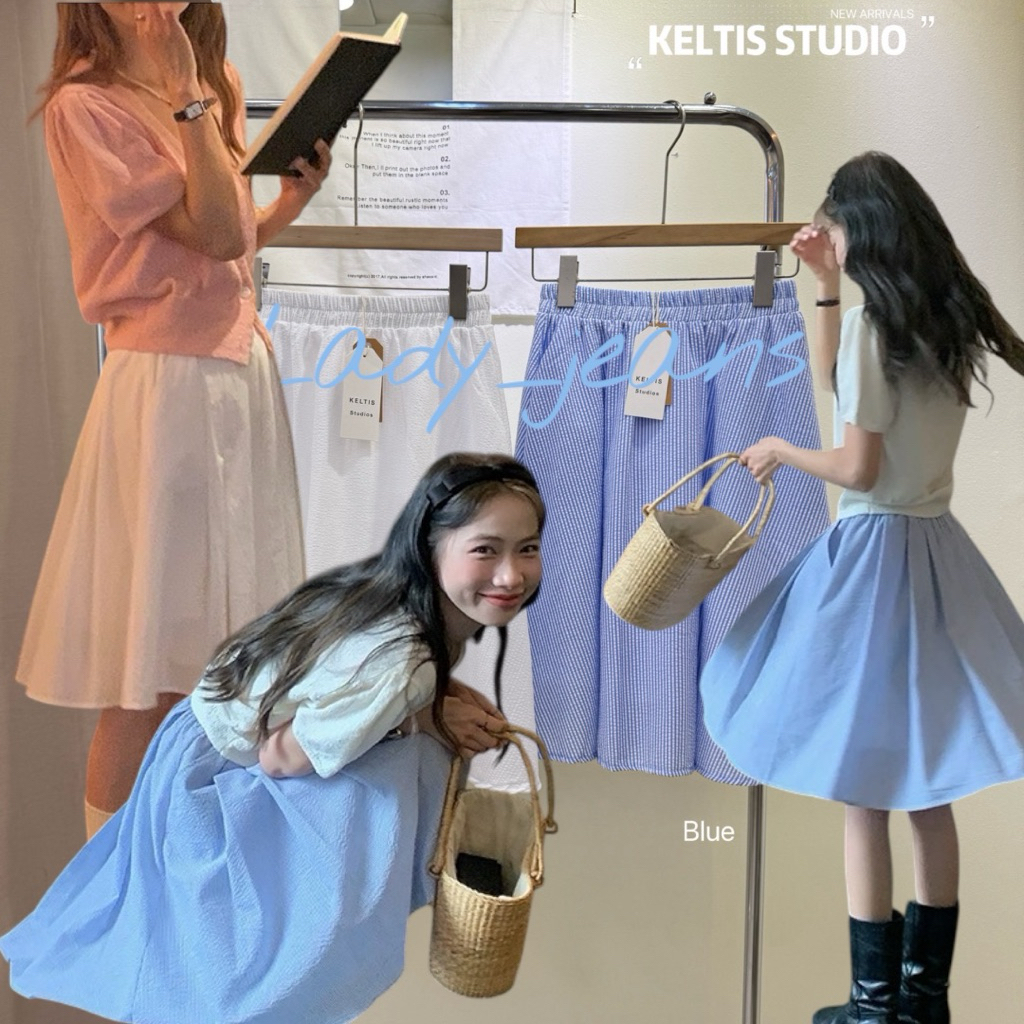 Lady_jeans#2392(K)กระโปรงสั้นเอวสม็อค ผ้าพลิ้วใส่สบาย สไตล์มินิมอล | Keltis Studio (สีขาว / สีฟ้า)