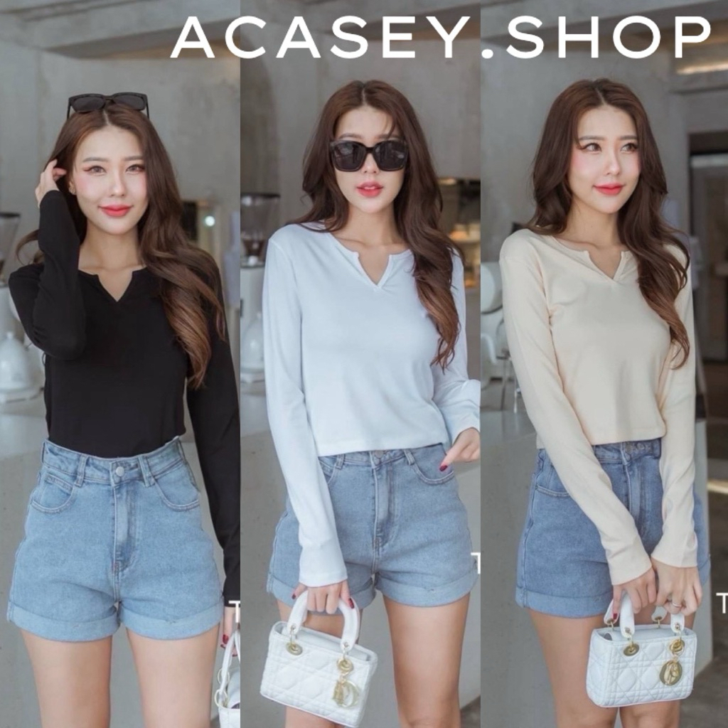 Acasey เสื้อแขนยาวผู้หญิง คอวีแต่งกุ้น ผ้ายูนิโคล่เนื้อหนาตัวที่ทุกคนหลงรักรอบอก 30-38 นิ้ว T220