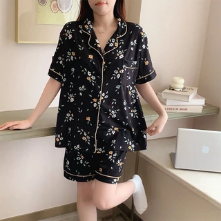 ชุดนอนผู้หญิงแบบสองชิ้น แขนสั้นขาสั้น ลายน่ารัก แฟชั่น เบาบางใส่สบาย M-4XL พร้อมส่งในไทย