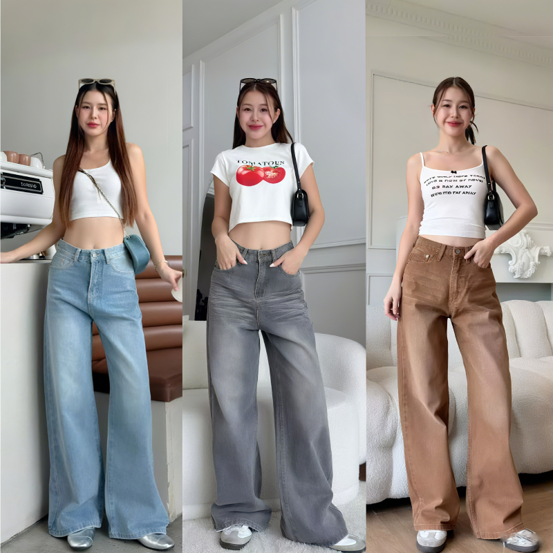 กางเกงยีนส์ขากระบอกใหญ่สีน้ำตาล เอวสูง กางเกงทรงตรง กางเกงยีนส์ ขนาด XS-2XL