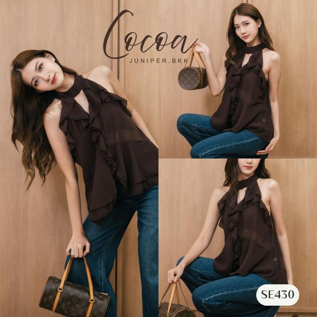 SE430 l COCOA เสื้อแขนกุดผ้าชีฟอง 2ชั้น ซีทรู คอวีลึก กรุยกราย ผูกต้นคอ