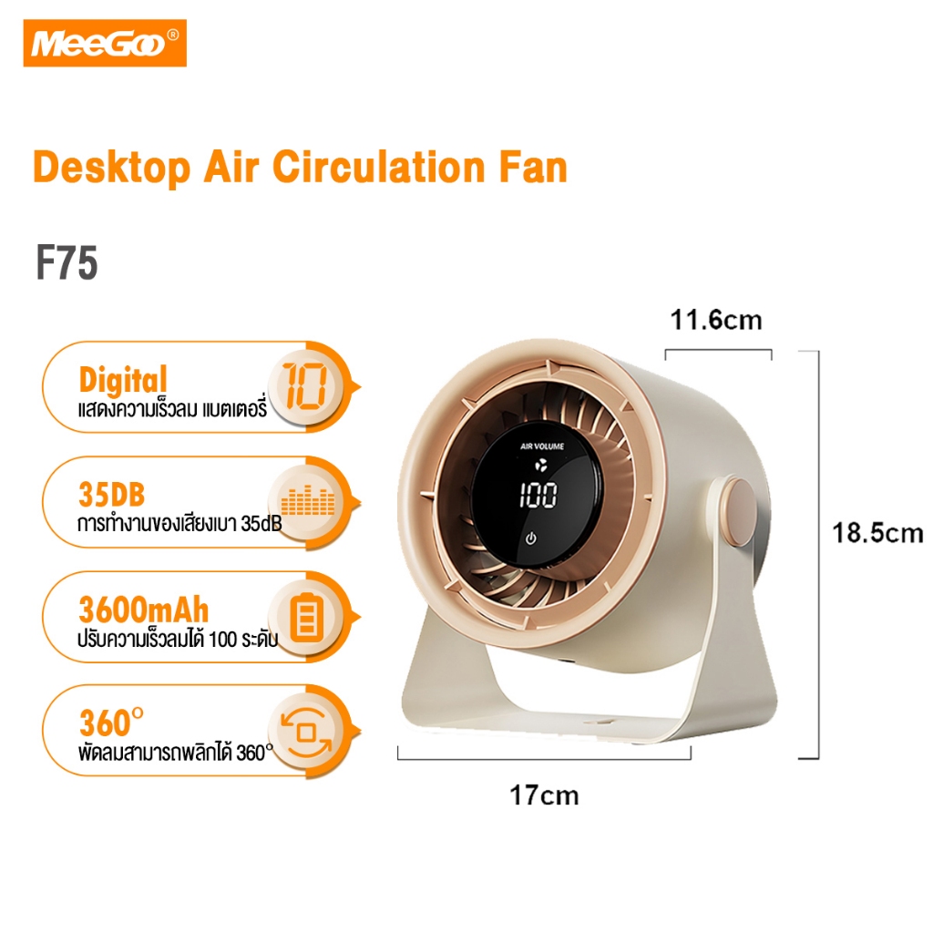 MeeGoo Air Circulation Fan พัดลมหมุนเวียนอากาศ Desk Fan พัดลมติดผนัง 3600mAh 3-11h ชาร์จแบบ Type-C