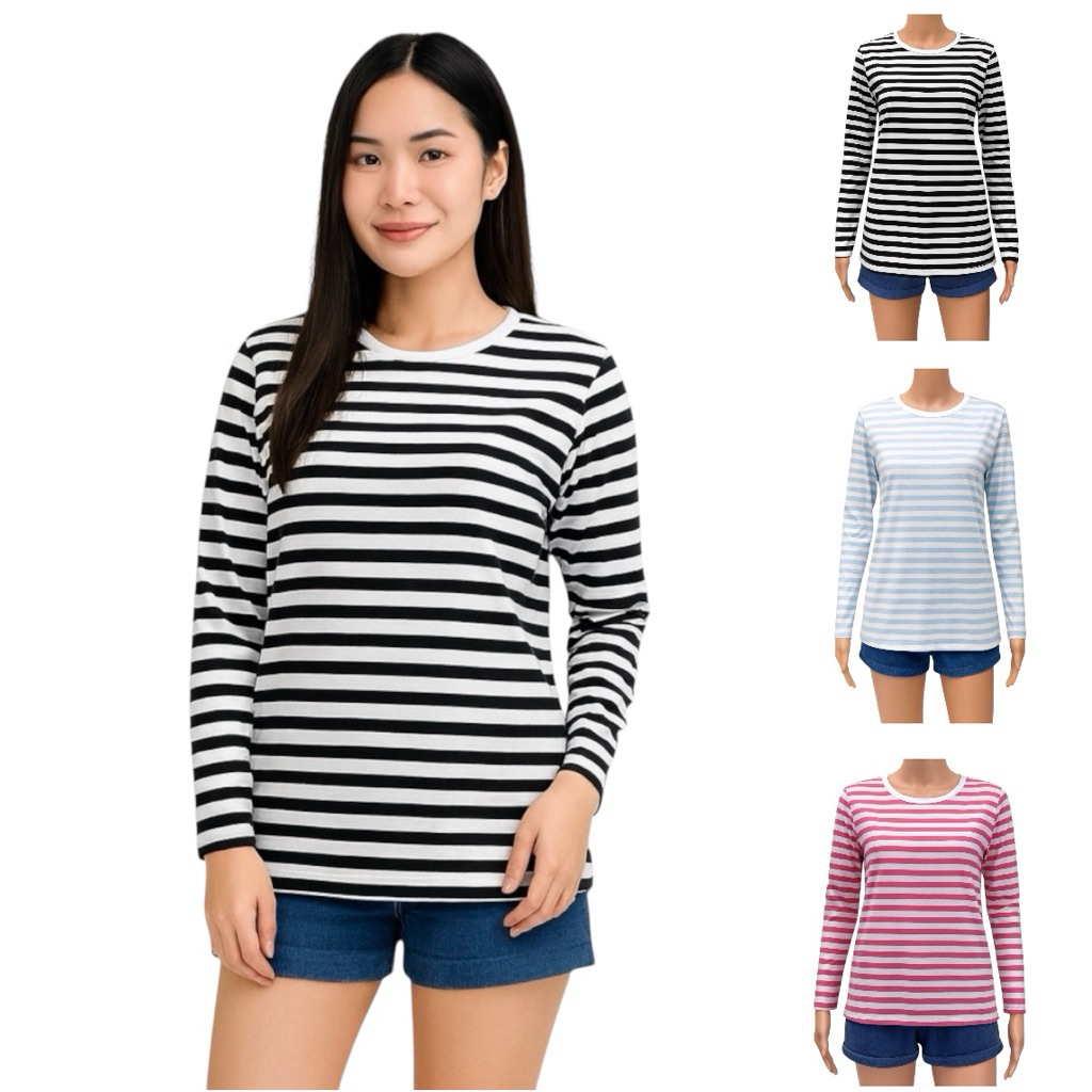 เสื้อคอกลมผู้หญิง แขนยาว 3 สี  ลายริ้ว 0.5 นิ้ว ผ้าคอตตอน Long-sleeved striped round-neck T-shirt for Women