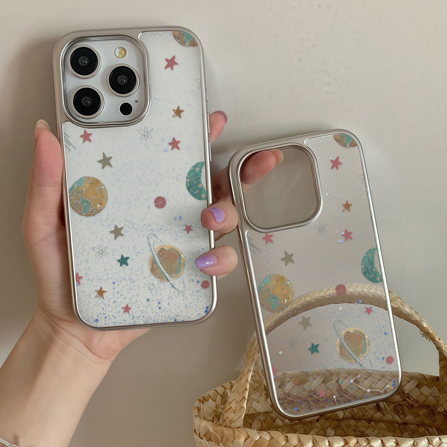 สำหรับ เคสไอโฟน 13 ดาวเคราะห์สายรุ้ง For IPhone 15 11 13 16 12 13 14 Pro Max XS XR X  Max 7 15 16 8 Plus SE ชุบโลหะ เคส