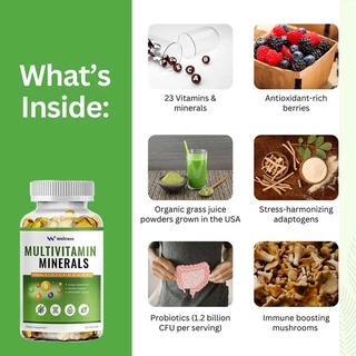 Wellness Multivitamin แคปซูลมัลติวิตามินพร้อมวิตามินและแร่ธาตุเพื่อพลังงาน สมอง หัวใจ ผิว สุขภาพดวงตา Vitamin Supplement