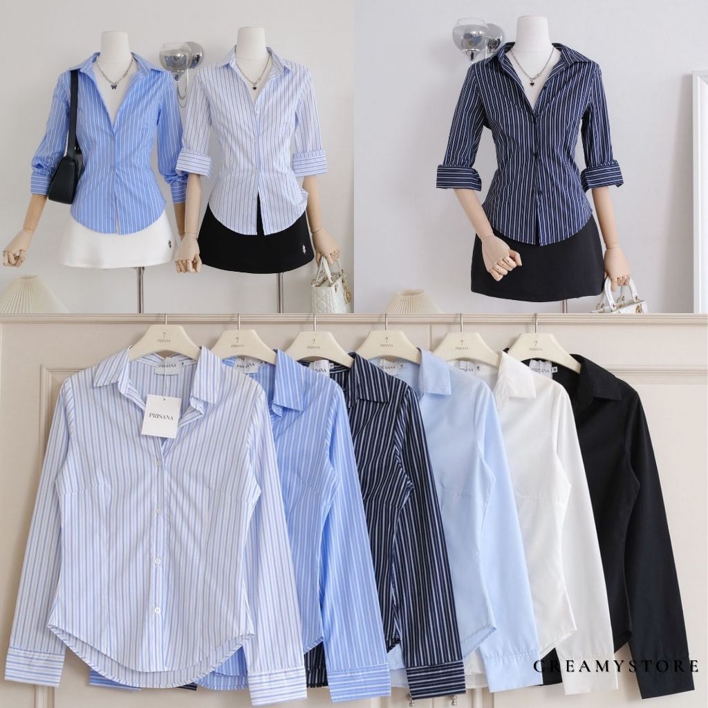 CreamyStore เสื้อเชิ้ตเข้ารูปแขนยาว ตีเกล็ดหน้าหลัง ไซส์S-XL งานป้ายPrisana