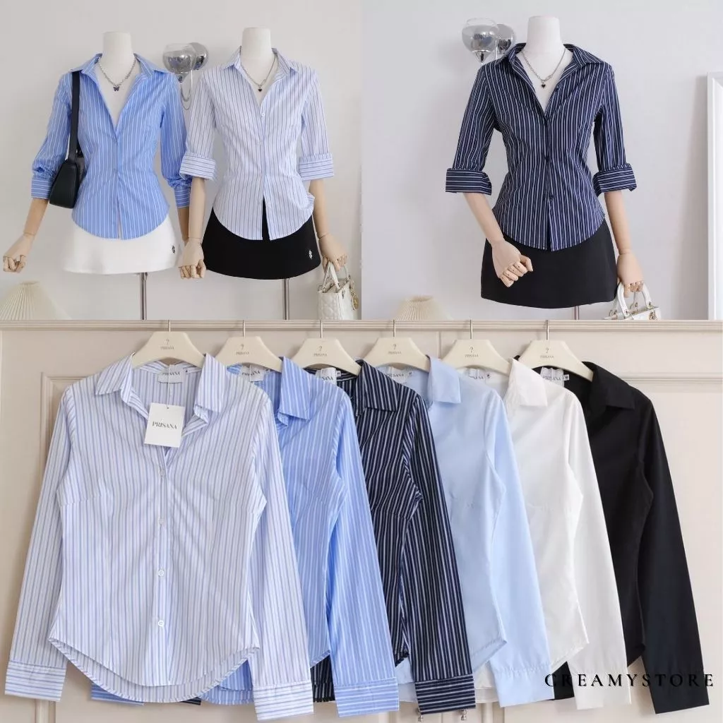 CreamyStore เสื้อเชิ้ตเข้ารูปแขนยาว ตีเกล็ดหน้าหลัง ไซส์S-XL งานป้ายPrisana