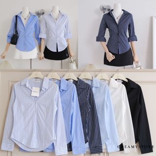 CreamyStore เสื้อเชิ้ตเข้ารูปแขนยาว ตีเกล็ดหน้าหลัง ไซส์S-XL…
