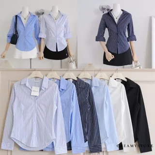 CreamyStore เสื้อเชิ้ตเข้ารูปแขนยาว ตีเกล็ดหน้าหลัง ไซส์S-XL งานป้ายPrisana