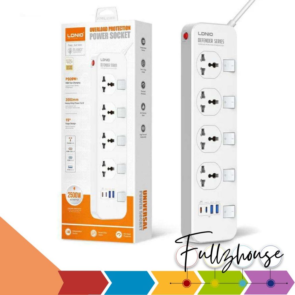 จัดส่งด่วน LDNIO SC4408C ปลั๊กพ่วง 4 ช่อง 4 USB 3.4A Max universal outlet Power Strip รองรับไฟ 2500W
