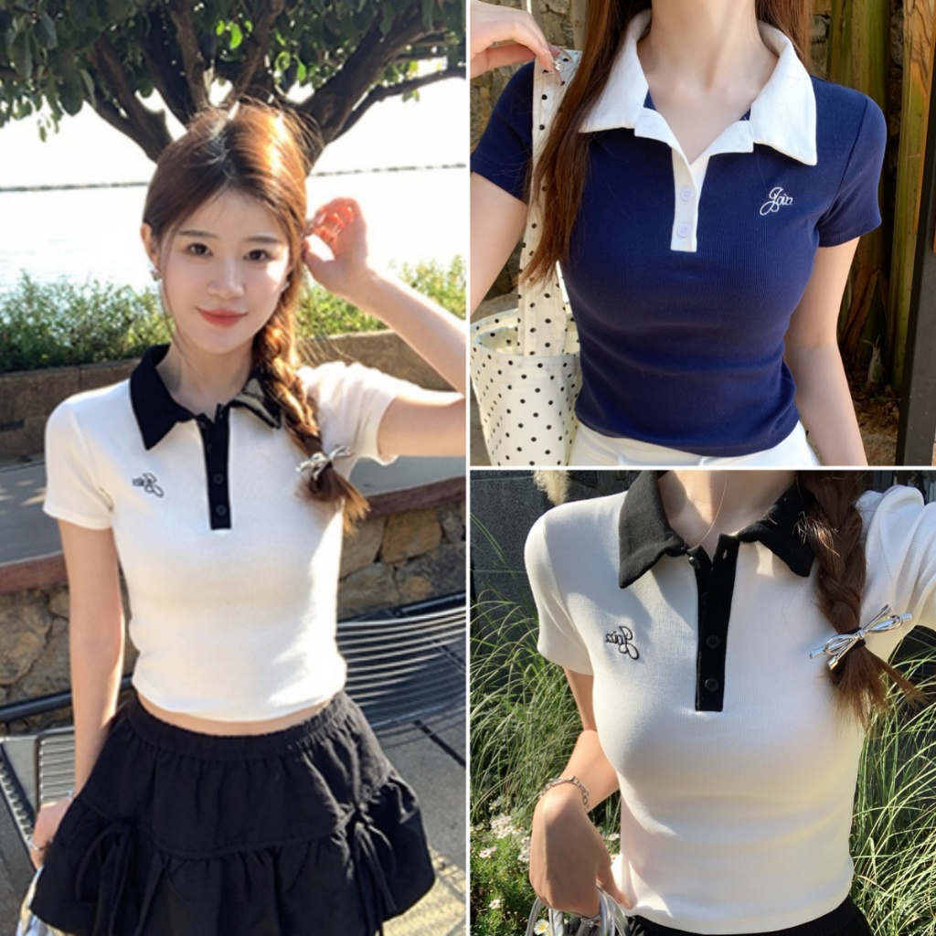 Bella shop เสื้อยืดผู้หญิงแฟชั่น เสื้อโปโล สไตล์เกาหลีเรียบง่าย ทรงเข้ารูป แขนสั้น เบสิก ใส่สบายดูผอม