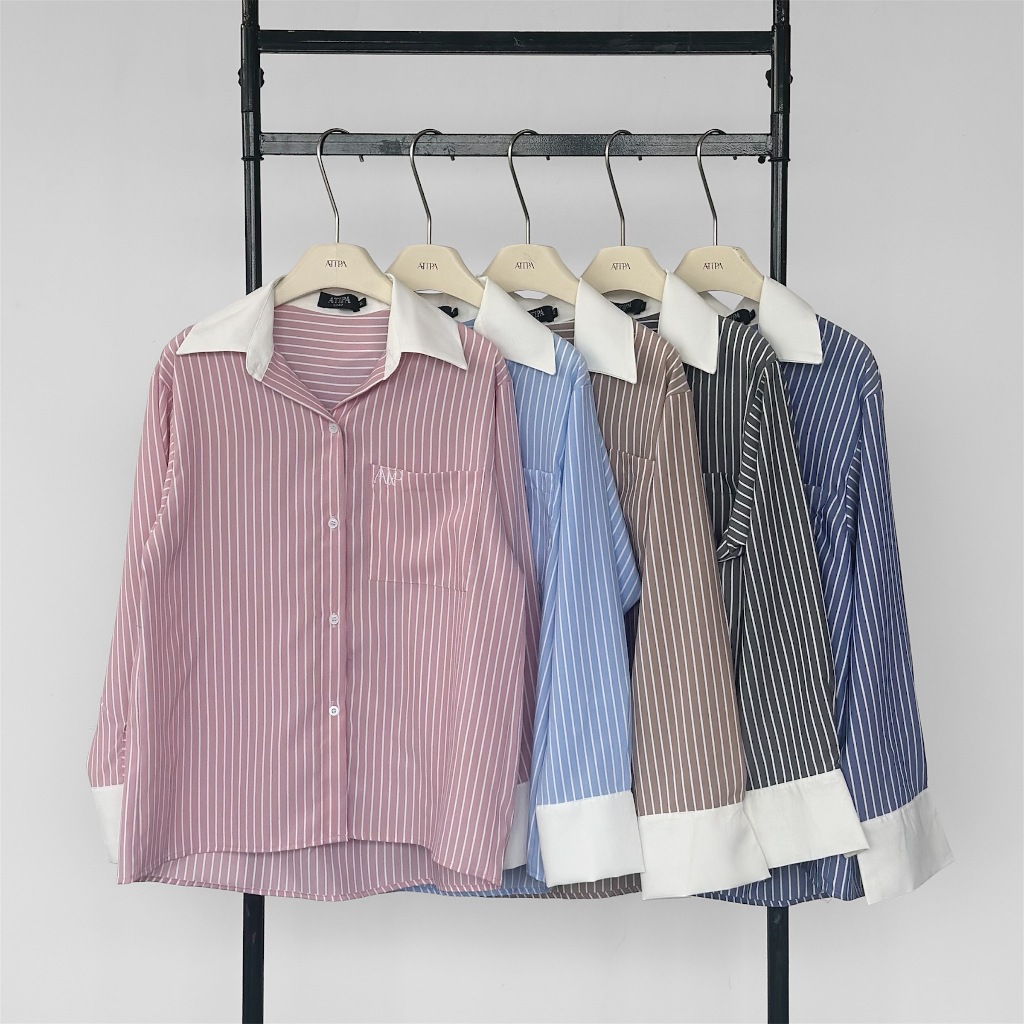 Atipashop - WHITE STRIPED SHIRT เสื้อเชิ๊ต แขนยาว คอปก ลายทาง ผ้านิ่มใส่สบาย