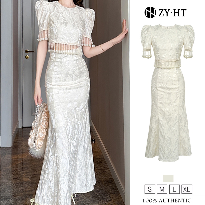 ZY·HT ชุดเซ็ท 2 ชิ้น ผญ เสื้อแขนพอง+กระโปรงหางปลา เดรสสีครีม เดรสทำงาน เดรสไฮโซ เดรสสั่งตัด เดรสออกงาน ไปงานแต่ง 10521