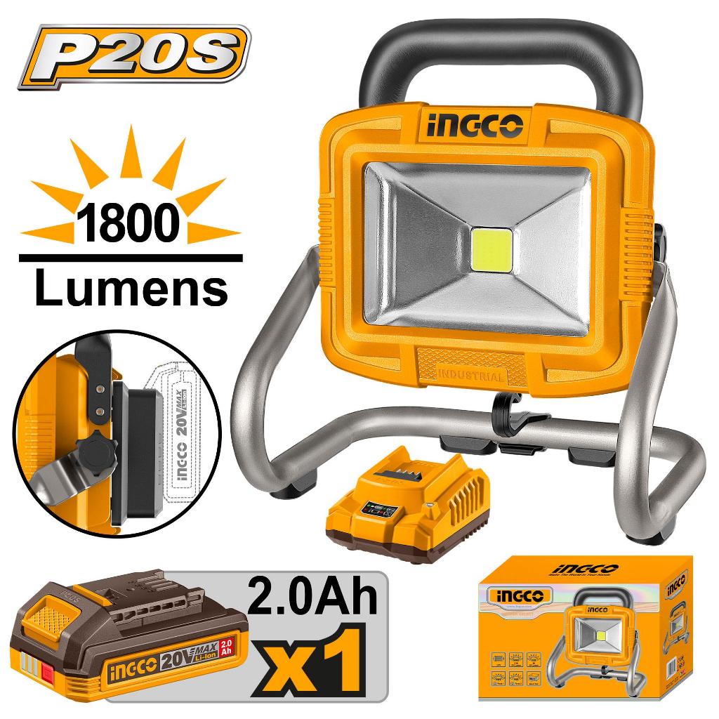 INGCO สปอร์ตไลท์ไร้สาย 20 V รุ่น SET-CWLI20258 รวมแบตและที่ชาร์จ / CWLI2025 เครื่องเปล่าไม่รวมแบต