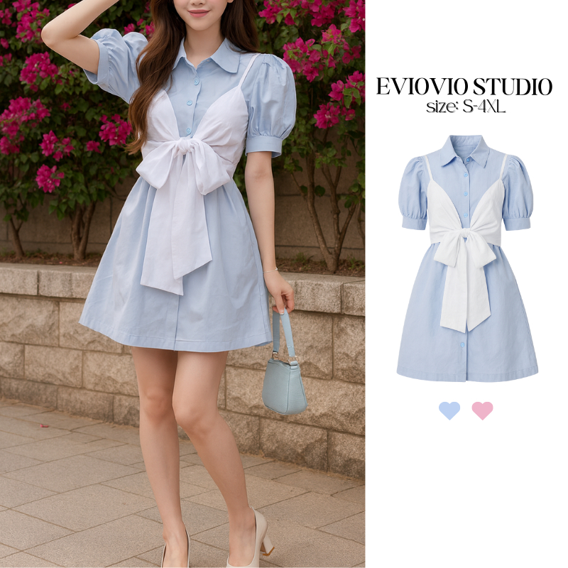 【EVIOVIO 】S-5XL ชุดเดรสแฟชั่นแบบสองชิ้น สายเดี่ยวผูกโบว์พร้อมมินิเดรสเชิ้ตแขนพอง น่ารัก สำหรับสาวพลัสไซส์