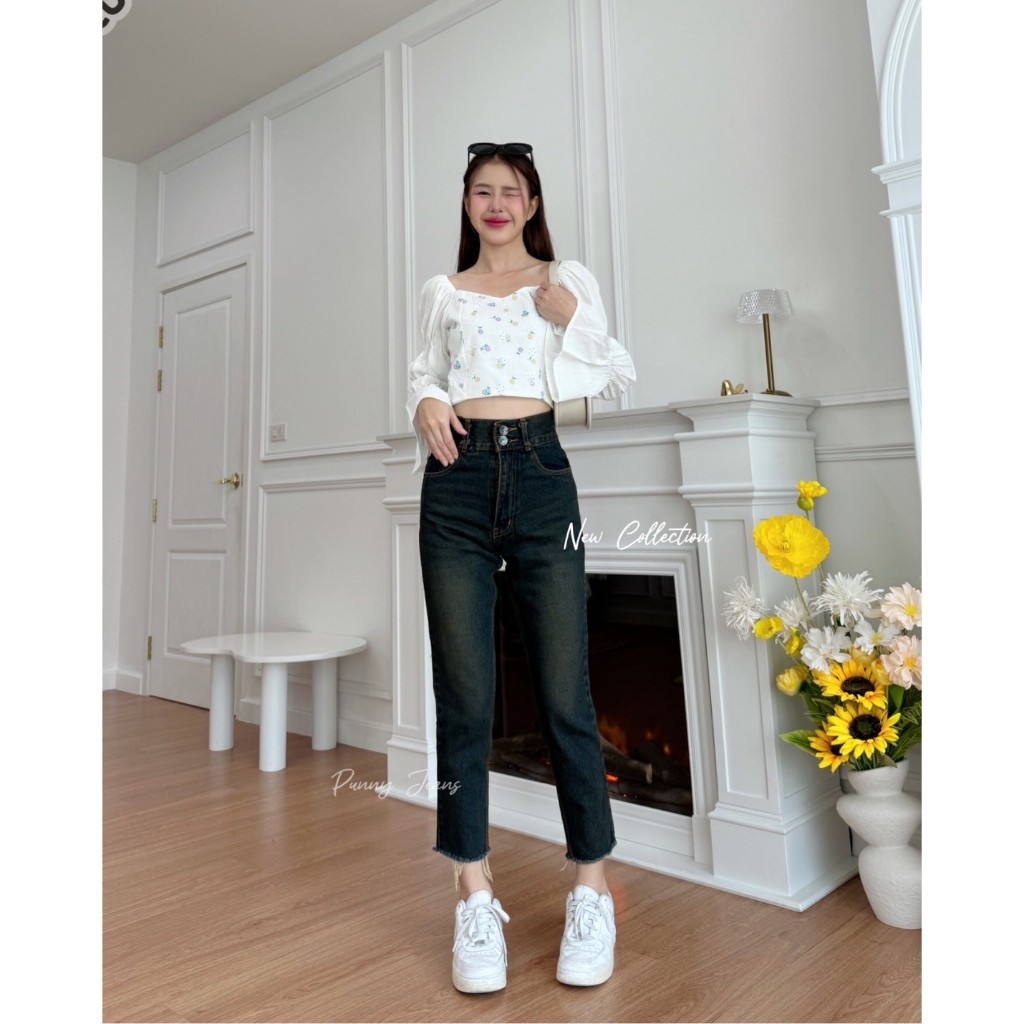 กางเกงยีนส์ทรงบอยสลิมเอวสูงผ้าไม่ยืดเก็บทรงสวย