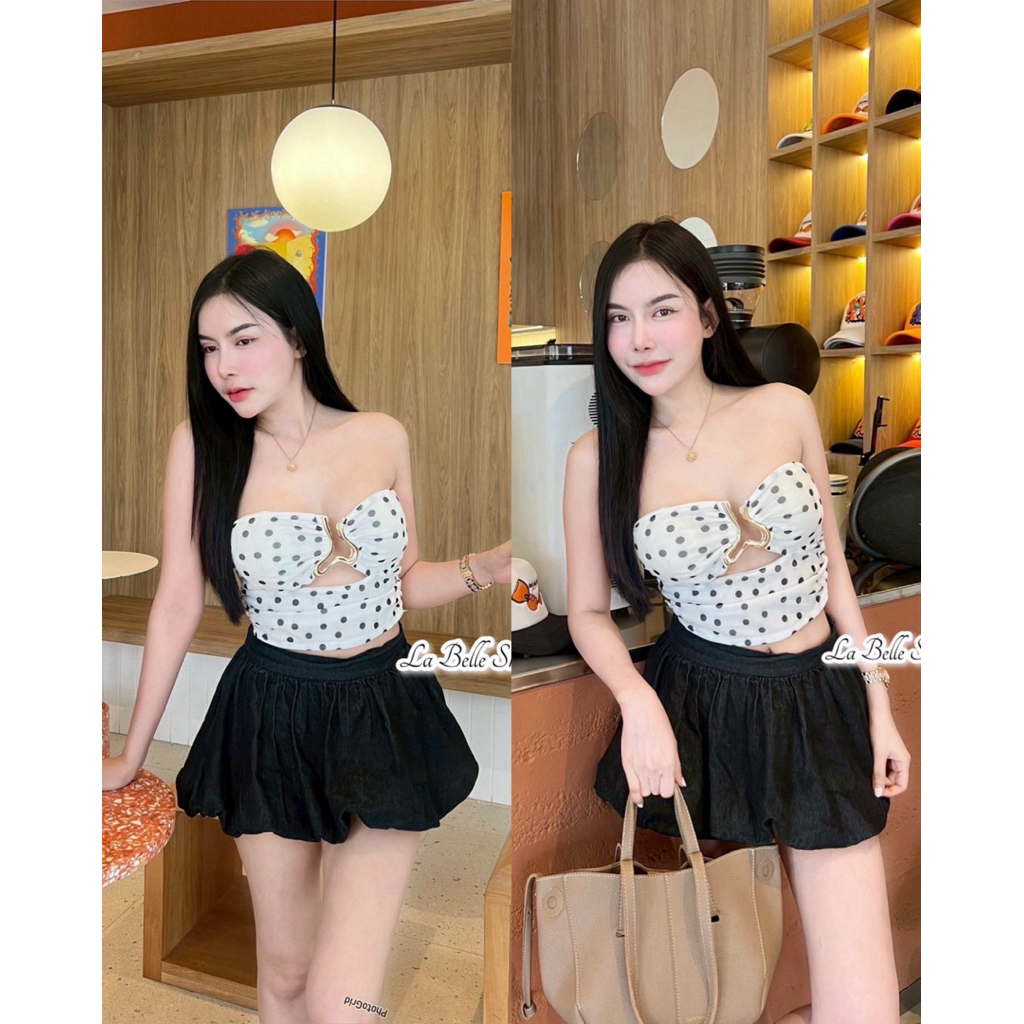 mnv_shop  งานมาใหม่นะคะ เกาะอก ซีทรูลายจุดแต่งอะไหล่เหล็ก   เสริมฟองน้ำ