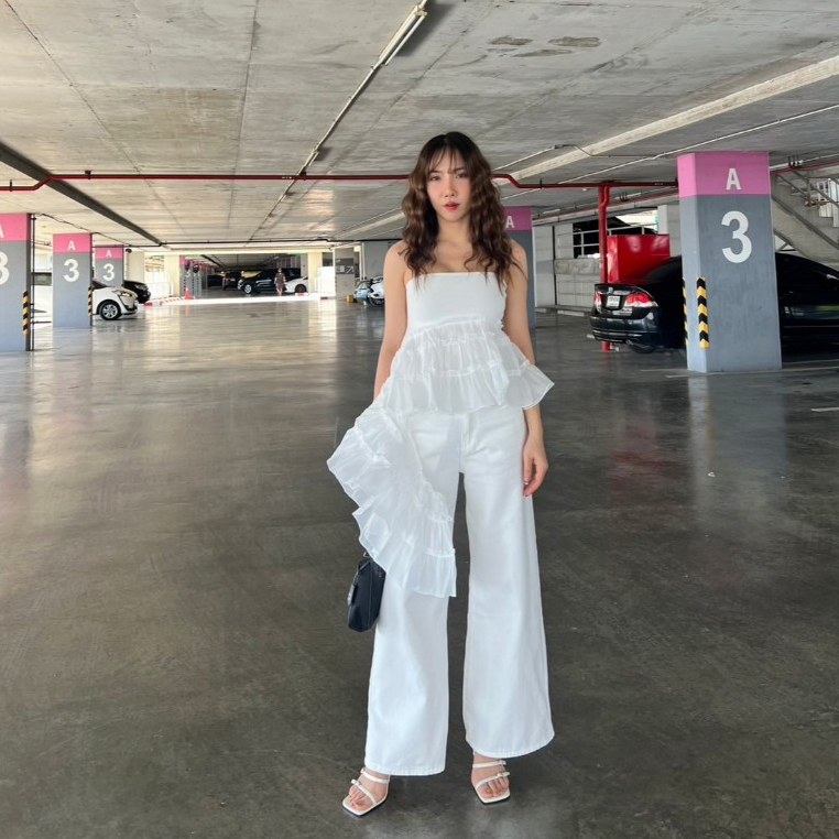 กางเกงยีนส์กระบอกbaggy jeans สีขาวป้ายวินเทจ18#