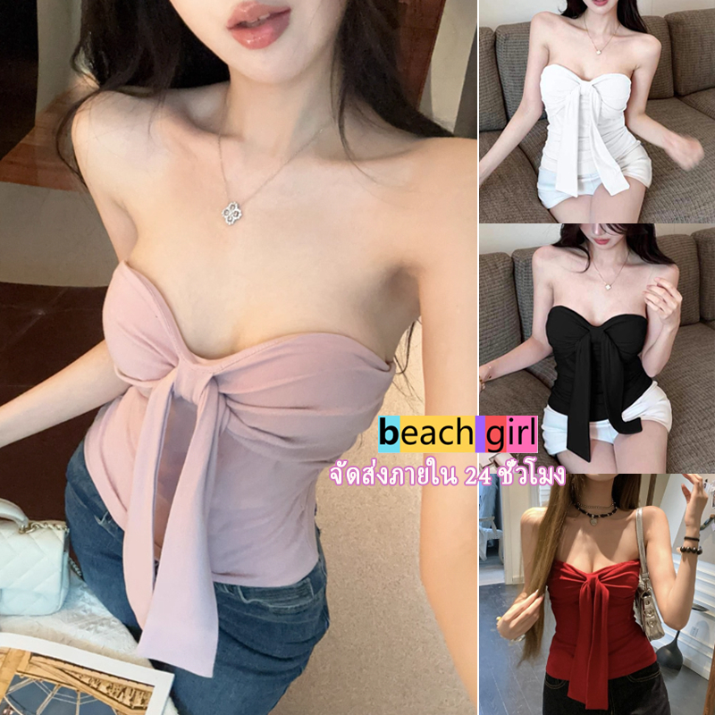 💗beachgirl💗เสื้อแขนกุด เสื้อทูบ สีทึบ โค้งคำนับ เดรสสั้นปาดไหล่ มีฟองน้ำ สไตล์แฟชั่นใหม่ๆ ผ้าใส่สบาย ส่งจากไทย