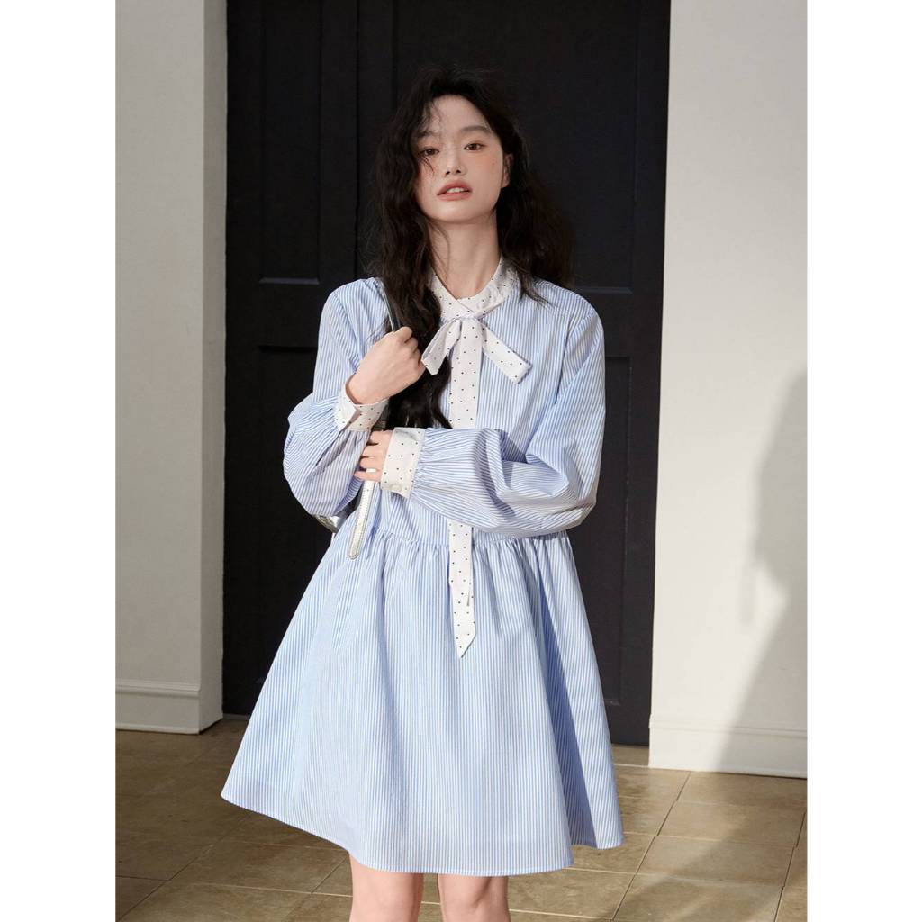 [พร้อมส่ง] KUOSE : Blue Striped Shirt Dress